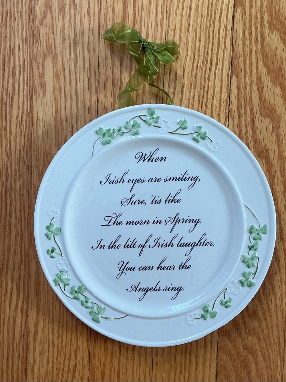 White Ceramic Irish Poem Plate with Green Shamrock Accents HANGING PLATE.